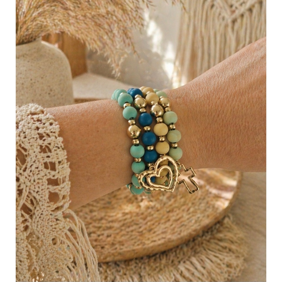 Pomina Wood Blue Yelliw Gold Charm Stretch Bracelet New 15$